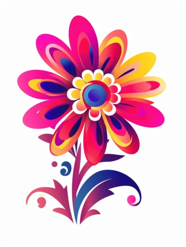 clipart, decorative flower, one per page, flat color clipart, bright hot pink primary colors, isolated on white background,