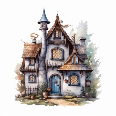 watercolor witch house, vintage style witch house, super high quality, professional watercolor clipart, high resolution, clip art, animals on the sides