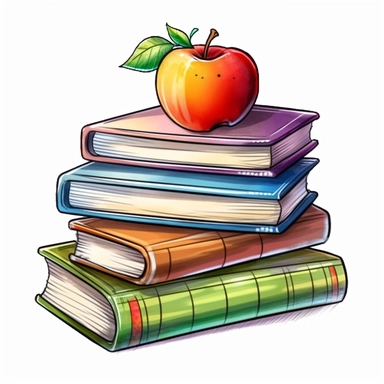 a stack of school books, apple on top, maple leaf, style by Lusy Fleming, vivid color, watercolor, clipart elements, smooth gradients, black contour outline, ultra detailed, white background, super clear, high quality 6