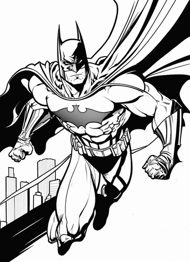 line art, black and white, flying batman, sketch, coloring page for kids, coloring page for children, thick lines, realistic, drawing, printable outlined art, crisp lines, No background, clip art, hand drawn, No shadows, drawing, No gray, no shades, high contrast. The line art should be clean and crisp, with uniform thickness and minimal shading, to provide a user - friendly coloring experience.