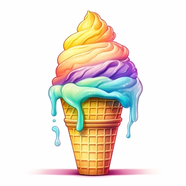 Rainbow sherbet ice cream in a cone, Clipart, clean lines, white background