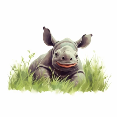 cute rhinoceros calf, rolling joyfully in a grassy meadow, muted tones, clipart, on a white background