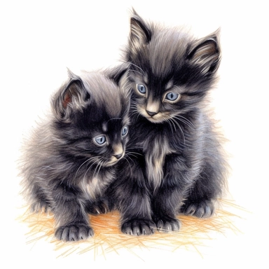 2 fuzzy black kittens playing, color pencil sketch on a white background for clipart