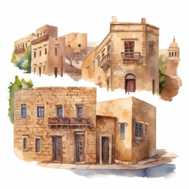 watercolor mardin town in turkiye, illustrations clipart set, simple, , cartoon elements ,different variants , historic stone houses,historic buildings, cobblestone lanes, tone facades of the buildings, Mardin's stone Alleyways separate elements with a margin