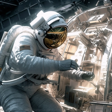 Clipart, An astronaut repairing a broken part of a space station, hyperrealistic, hyper high definition