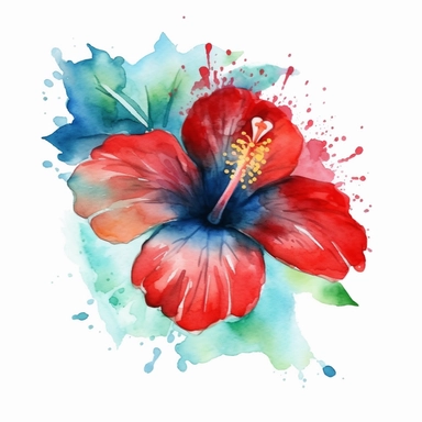A watercolor painting of a red hibiscus flower with a blue and green background, Watercolor clipart, isolated on white background