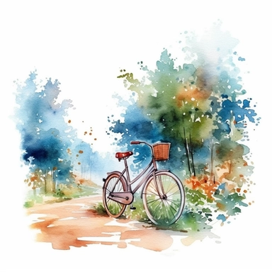 watercolor colorful clipart of a scenic bike ride, hd, on white background