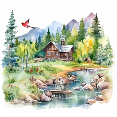 watercolor clipart painting of a Colorado mountain landscape, with evergreen pine trees, pinecones and sage green trees, with some yellow aspen trees and white birch trees, log cabin in the wood with smoke coming out of the chimney. there is a little bridge over the blue and green stream with rocks and lily pads in the babbling brook, a red cardinal and some hummingbirds, butterfly and dragonfly, a dusk sky with a moon and a few stars, hd, magical and whimsical illustration with a little gold gl