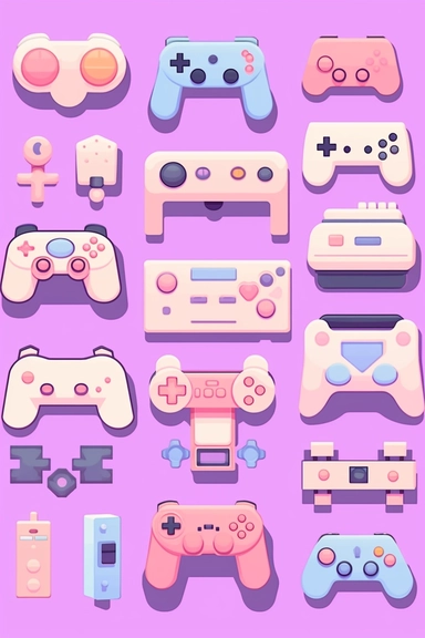 [gamepads] vector clipart, vector cute collection, in the style of #screenshotsaturday, light [pink] pastel background, flat areas of color, flat color blocks, 1970–present, rough-edged 2d animation, lightbox, colorful animation stills, high quality clipart, front view