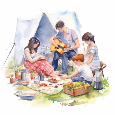 watercolor, happy families with children during outdoor recreation activities on summer holidays. Parents and kids eat, rest and play together. png Full body realistic cartoon in 32K UHD cute. 15 cm thick outline. Black color. There was no shadow on the ground. 8k with realistic watercolors and detailed illustrations. PNG clipart, transparent white background