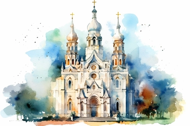 Watercolor, Catholic churches, clipart, hd, on a white background, spaced out