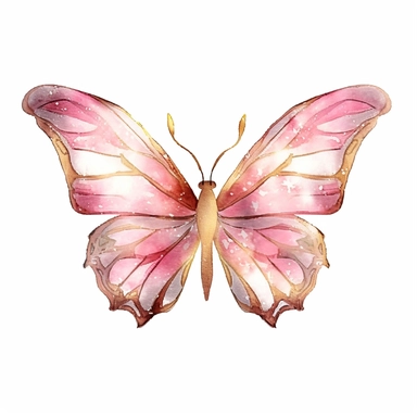 Whimsical and cute watercolor butterfly design in pink and gold, vector clipart