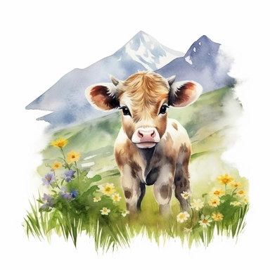 realistic watercolor baby cow sitting on the green grass with flowers with a nice mountain hill background on solid white background, clipart