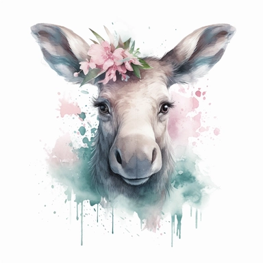 super cute newborn baby moose clipart with huge cute blue eyes long fur smiling painted in watercolour style, splashes, pastel pink and sage green floral elements, white background 8k hd