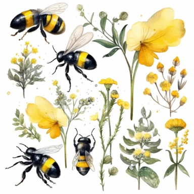 Watercolor bee clipart bundle ,Cute bee costume, Garden and flowers illustrations, Honey drips, white background
