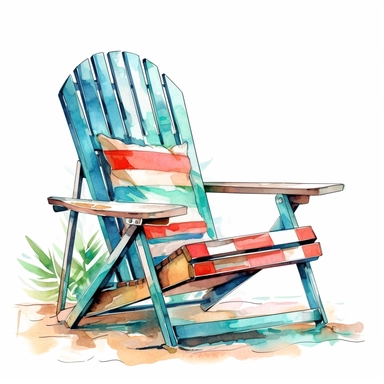 Cute Beautiful Beach Chair Tropical Watercolor Sublimation Clipart,Cartoon, hyper realistic, intricate detail, illustration style,high solution,on the white background