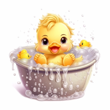clipart, cute kawaii baby duck in a bathtub of full of bubbles, isolated on a white background, cartoon style, chibi style, vector, 3D, no shadows