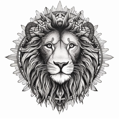 Prompt: Craft a black and white tattoo design that merges modern intricacy with timeless symbolism. At the heart of your design should be a calm, fearless lion, a beacon of majesty and might, standing resolute before a radiant sun. This lion-sun tableau must echo the aesthetics of the Persian 'shir-o-khorsheed' emblem, known for its deep-rooted symbolism in Iran's pre-revolutionary heritage. The lion's demeanor should exude an air of tranquillity and fearlessness, a regal beast emanating calm in
