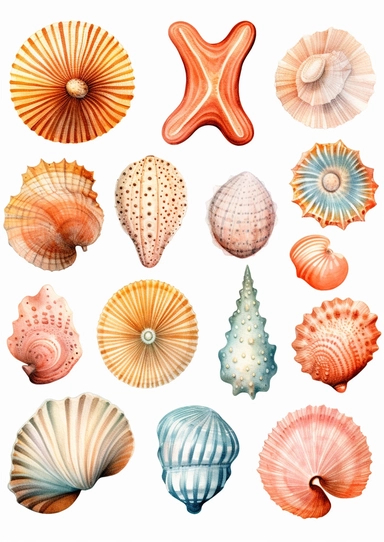 high quality high detail watercolor cottagecore vibrant corals summer vibes ocean underwater brick-orange in colour white bumps sea urchins clipart beautiful sea shells –no text