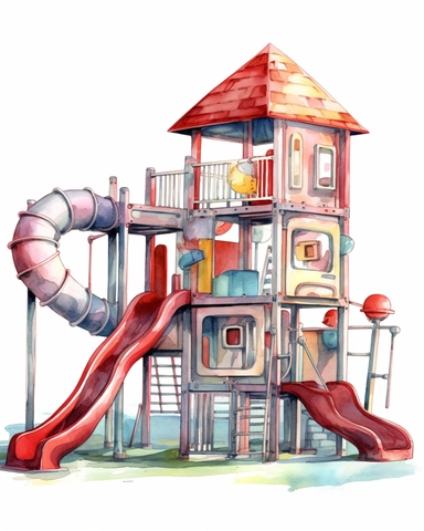 detailed watercolor playground carousell, wide angle, long shot, realistic, isolated on white background, clipart