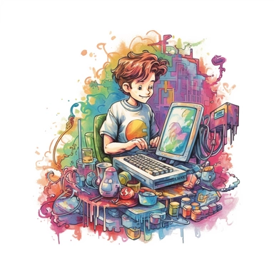 studio logo of programming colorful code getting out of a computer's screen clipart , boho style, in style of Watercolor and ink outline