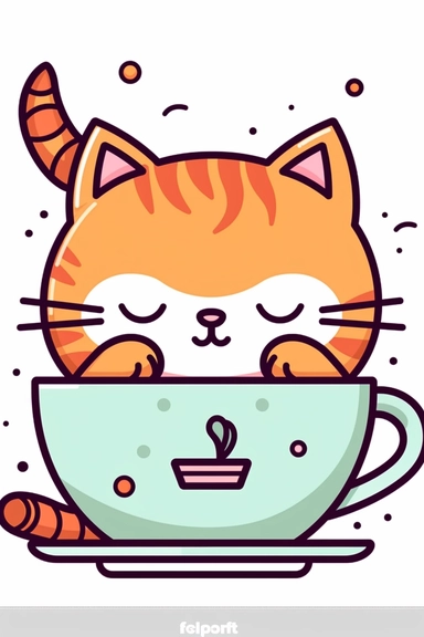 cute kawaii [cat in the coffee cup] icon, coloring page for kids, full page pattern, made with illustrator, clean, bright colors, bold lines, 2D flat vector, bright and colorful, white background, sticker, japanese, outline, isolated, black and white, linea art, printable outline art, thin lines, digital art, clip art, isolated, bright background