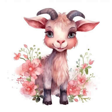 a standing pink baby horned goat with cute big eyes, happy smiling face, cute animal, adorable, playful atitude, adorable watercolor animal clipart with a few plant and flower decor, no background, high quality