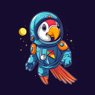 Create a cute clipart of a parrot dressed in an astronaut suit floating in space with a helmet on its head. The parrot should be holding a flag with its beak and have a look of excitement on its face. The background should be dark blue with some stars and planets scattered around to give a sense of space. This clipart should be perfect for any space-themed project or educational material.