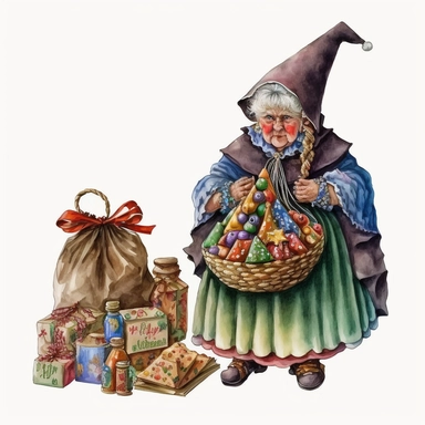 la befana the Italian christmas witch, bag of toys, sweets, folklore, watercolor, white background, clipart