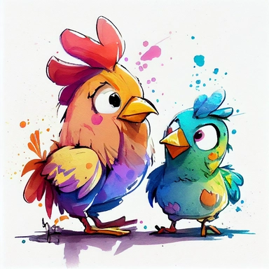 funny pink, yellow, blue, orange and green chicken, hen with rooster like a friend, cartoon style, white background, black outside lines, designs, white background, watercolor pencil drawing, small details, digital art, clipart, super acurate, –testp, pixar,