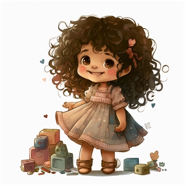 Enaya is a smiling european 3 years old little girl with nice dark brown curly hairs. She is playing in her room with cubes and other toys. Watercolor Clipart, full body view, strybk, full Illustration, 4k, sharp focus, watercolor, smooth soft skin, symmetrical, soft lighting, detailed face, concept art, muted colors, watercolor style, strybk, children's style fairy tales, chibi kawaii, . Octane rendering, 3d. Perfect face, detailed face, delicate face, perfect sharp lips, detailed eyes. Craig D