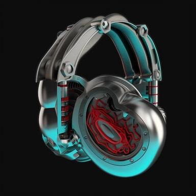 3d model of steampank headphones , silver+turquoise+red , clipart, black background