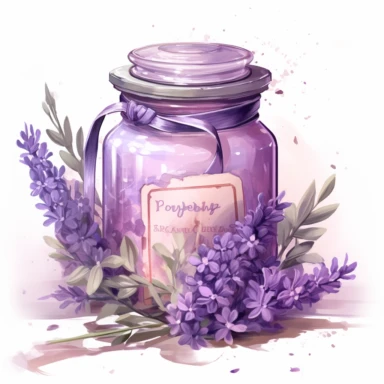 illiam Morris style, clipart pastel, Lavender Jar with a Label , clear outline, on a white background, Magali Villeneuve