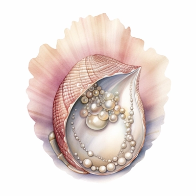 Watercolored pencil style illustration, boho style decorated shell with a pearl inside, pink, beige and silver, isolated on a white background, PNG file clipart style, Dennis Wojtkiewicz, Amanda Clark, Lowell Herrero,