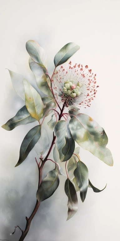 Watercolor Painting of SINGLE STEAM Eucalyptus FLOWER on white background beautiful multi - headed pale, Flora Design Patterns, Flemish Baroque by Rachel Ruysch, Behance, Rococo, Intricate Detailed, Soft Light Effect, Oil Paint Strokes, Light Academia Aesthetic Flowers, Lighting cinematic, all shown shimmering stamens, tyndall light, light effect, texture, colorful, 8k, fantasy, ray tracing, depth of field, vivid, spectacular lighting, octane rendering, highly detailed, ultra - realistic, white 