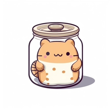 cute simple 2d kawaii cat with a cookie jar, clipart, white background