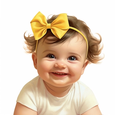 Adorable, cute, caucasian, baby girl, happy, smiling, wearing a yellow shirt and a pink satin ribbon in her hair, extreme focus, professional artists rendition, no text, no logo, no name, no letters, Highly Detailed, clip art, white background, smooth edg