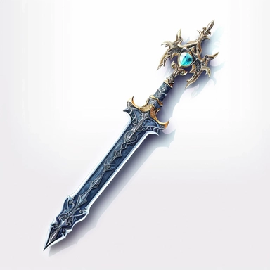Create a mesmerizing clipart of a legendary sword against a pristine white background. The sword should be forged with exquisite craftsmanship, with an adorned hilt featuring intricate patterns and gemstones. Depict a radiant glow along the blade, hinting at its mythical powers.