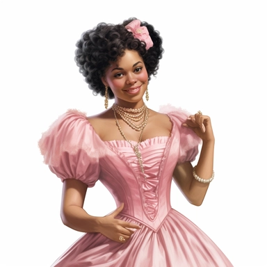 african american Victorian Vintage Lady smiling Clipart, wearing pink dress, hyper realistic, white background