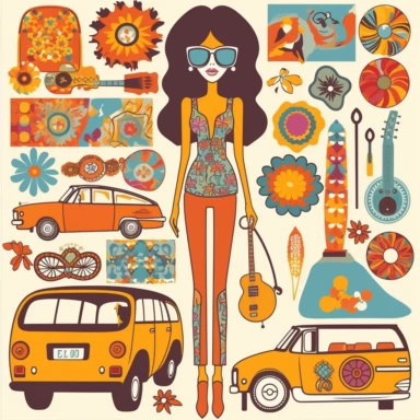 Design a set of vintage and retro clipart inspired by the 1960s. Include iconic elements from the era such as psychedelic patterns, peace signs, flower power, retro cars, lava lamps, vinyl records, and bell-bottom pants. Create a variety of clipart objects that capture the essence of the '60s, including fashion accessories, music-related items, and popular symbols associated with the counterculture movement