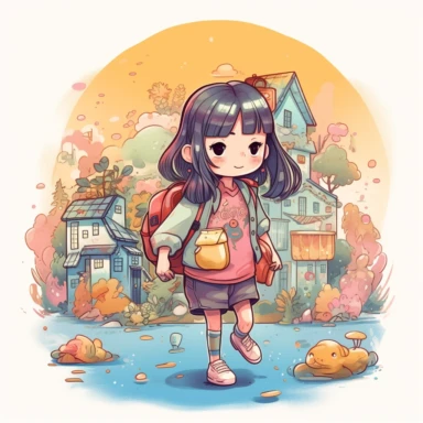 A detailed illustration of a Japanese kindergarten girl, going to school, wearing a cute backpack, style cartoon, colors, two-dimensional, planar vector, character design, T-shirt design, stickers, colorful splashes, and T-shirt design, Studio Ghibli style, soft tetrad color, vector art, fantasy art, watercolor effect, Alphonse Mucha, Adobe Illustrator, hand-painted, digital painting, low polygon, soft lighting, aerial view, isometric style, retro aesthetics, focusing on people, 8K resolution, u