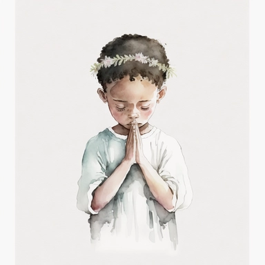 illustration of praying black boy, clipart, watercolor, white background, simple, soft colors, boho, minimalism