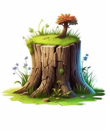 cartoon-style, 3d, realistic, tree stump with grass, clip art,