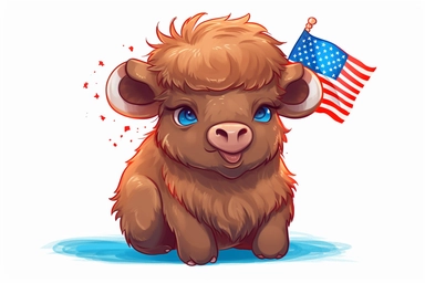 Cute baby Bison in Independence Day clipart, cartoon, white background,