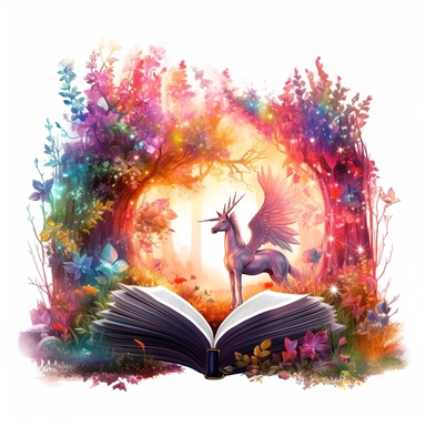magic vintage Fantasy Open Book looking into another world Clipart, floral,Enchanted Forest, magical creatures like unicorns, fairies, and talking animals. Incorporate vibrant colors and glowing elements to bring the scene to life, on white background ar 3:2 s 1000