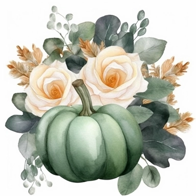 Dark green pumpkin, bouquet of white roses, green leaves, gray eucalyptus leaves, white fruits, watercolor, clipart, illustration, white background
