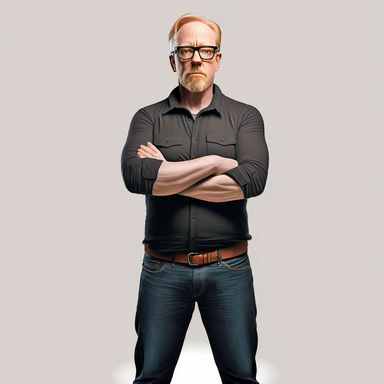 clipart of adam savage standing with arms folded, full body portrait, photorealistic