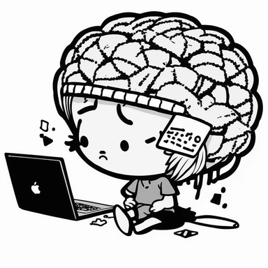 clipart of a stressed computer brain. Beautiful, flat, cute manga style, black and white, round image borders