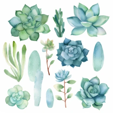 10 relaxed simple Watercolor Succulents Clipart Home watercolour plant Succulents digital clipart desert plant greenery png planner clipart Summer home decor, completely surrounded by white backround, zero overlap, no touching objects, all objects in the same foreground, no words