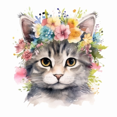 isolated clipart, cute cat with flowers on its head, highly realistic, flickr, watercolorist, uhd image, multi-layered mixed media